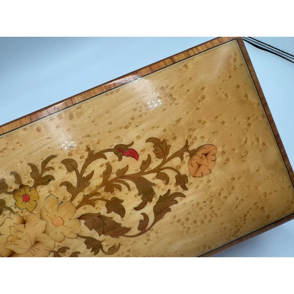 Vintage Italian Marquetry Wood Jewelry Music Box Floral Inlay Swiss Movement